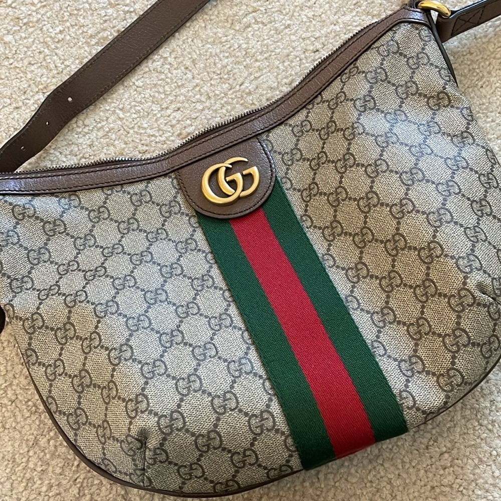 GUCCI Supreme Monogram Small Ophidia Half Moon Hobo Brown Shoulder Bag